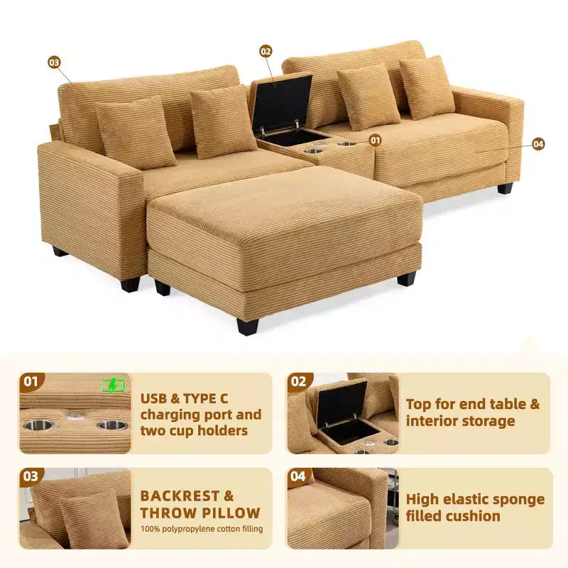 Hyleory Canapé d'angle en velours côtelé 3 places de 284 cm avec pouf pour salon