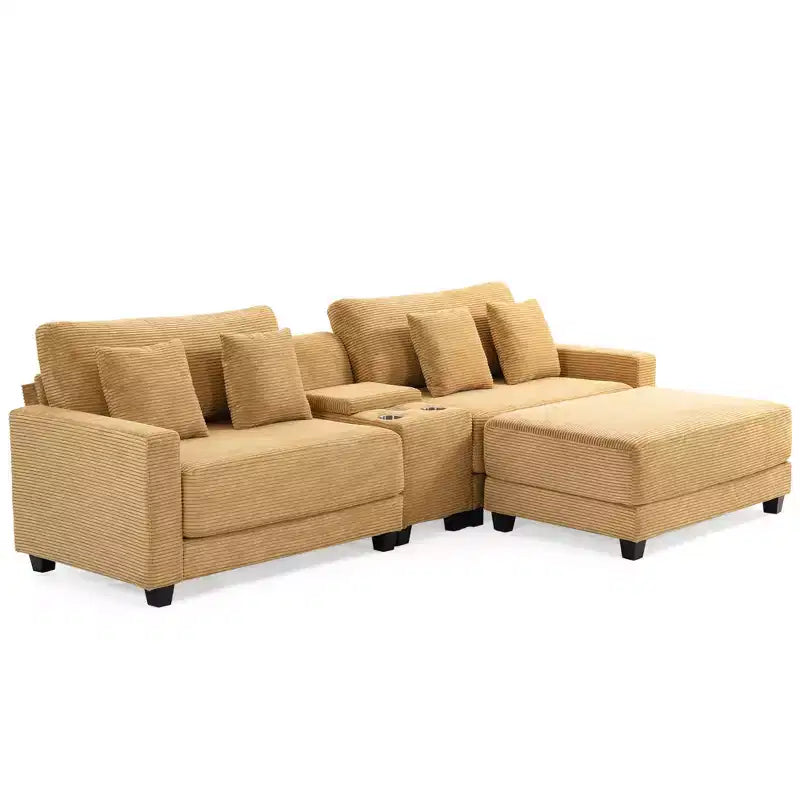Hyleory Canapé d'angle en velours côtelé 3 places de 284 cm avec pouf pour salon