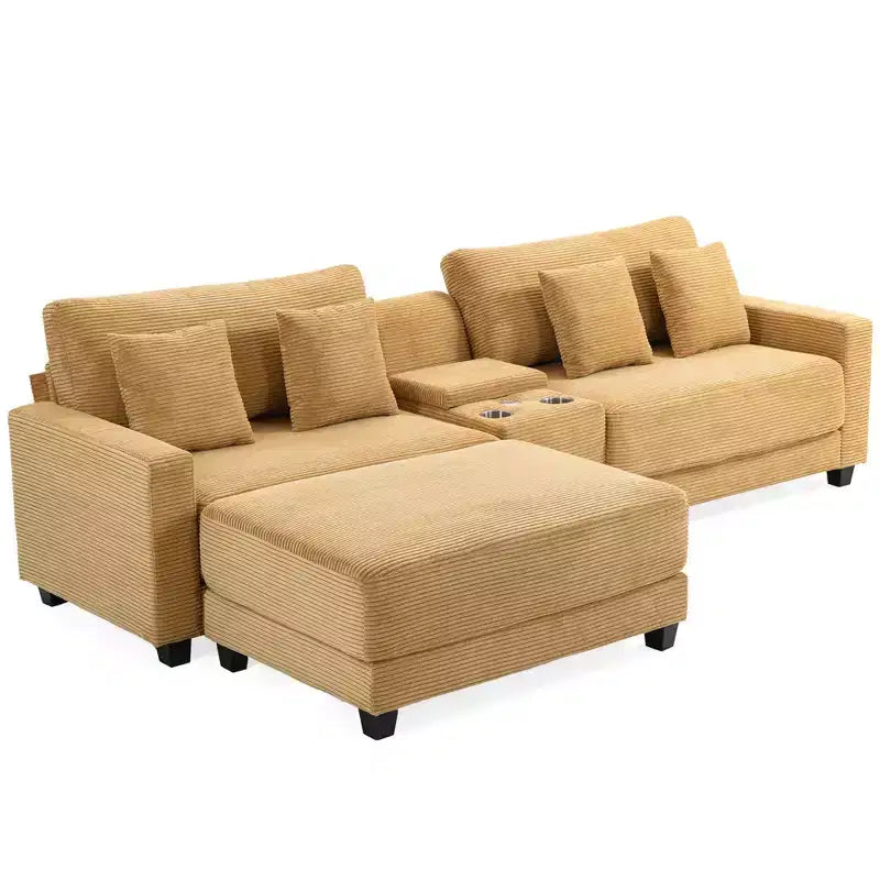 Hyleory Canapé d'angle en velours côtelé 3 places de 284 cm avec pouf pour salon