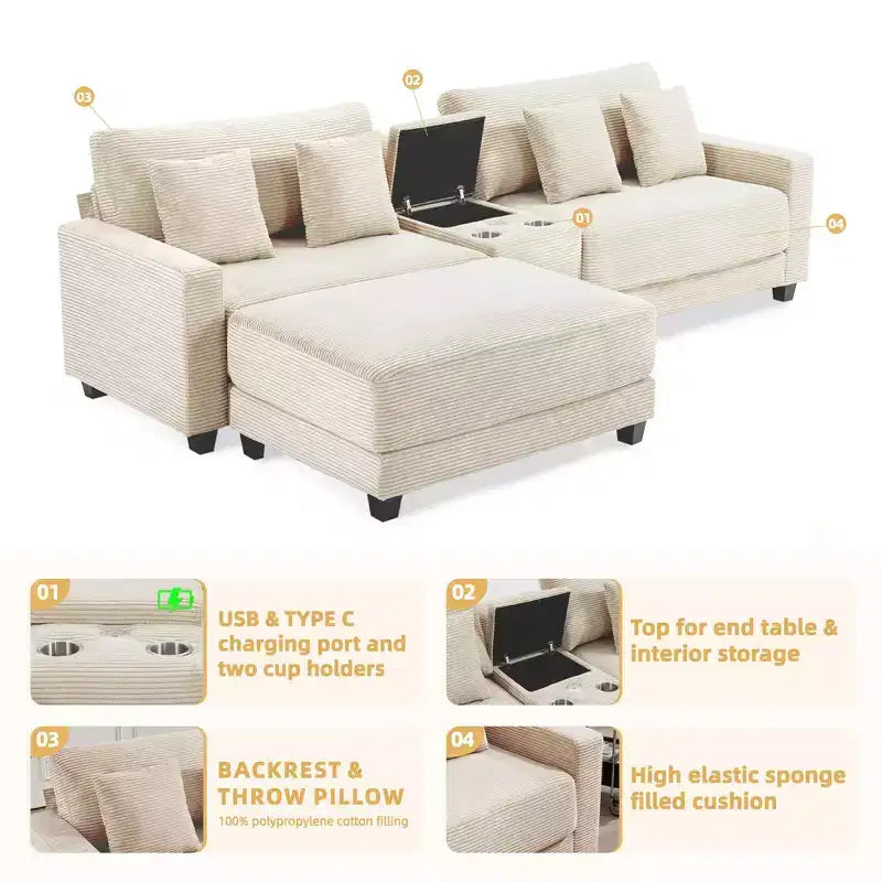 Hyleory Canapé d'angle en velours côtelé 3 places de 284 cm avec pouf pour salon