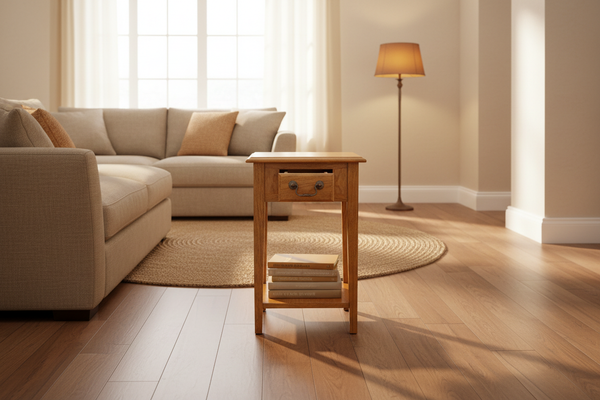 Wide Banner – Oak Side Table Open Drawer